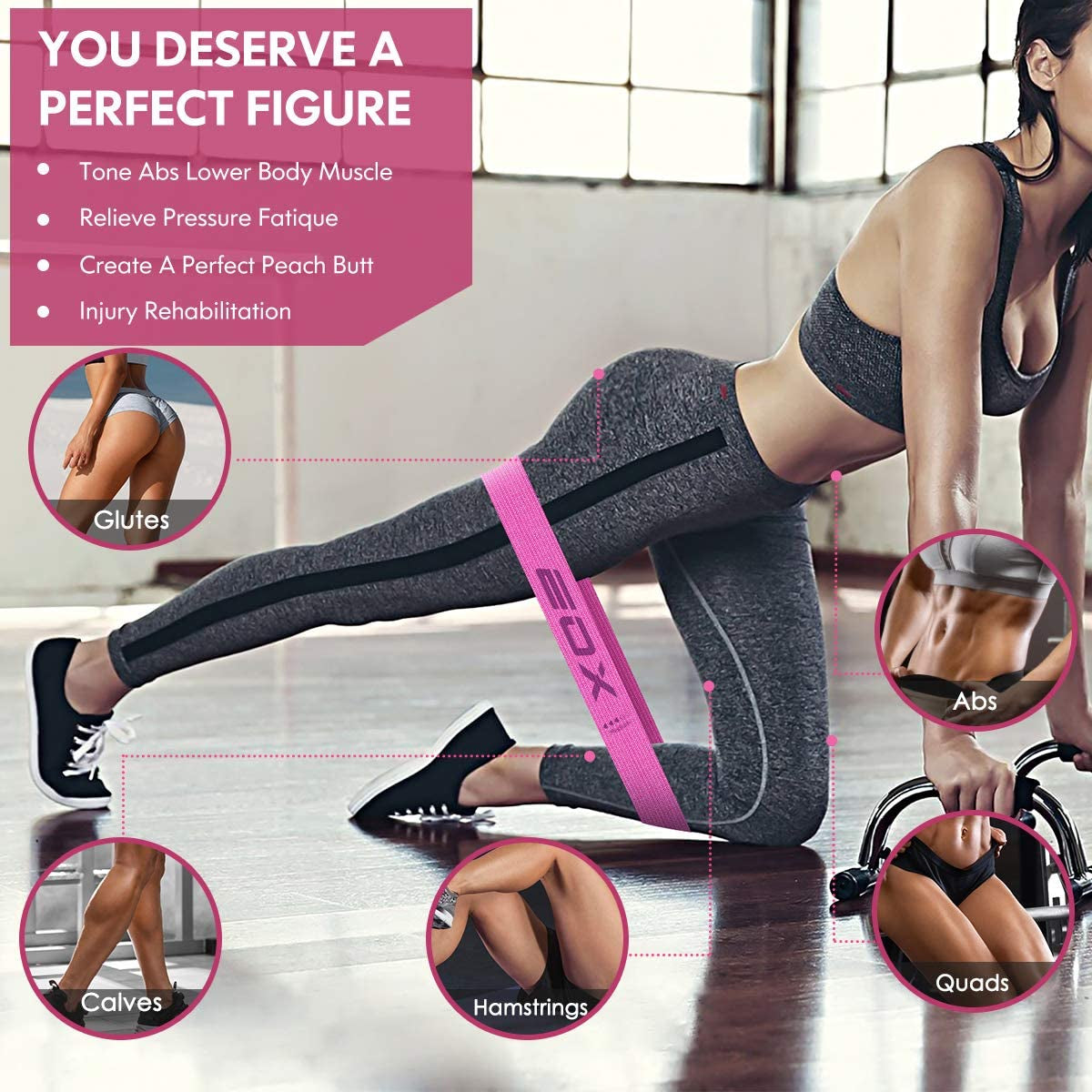 Premium Non-Slip Resistance Loop Bands for Legs & Glutes - 5 Levels of Hip Training (Pink)