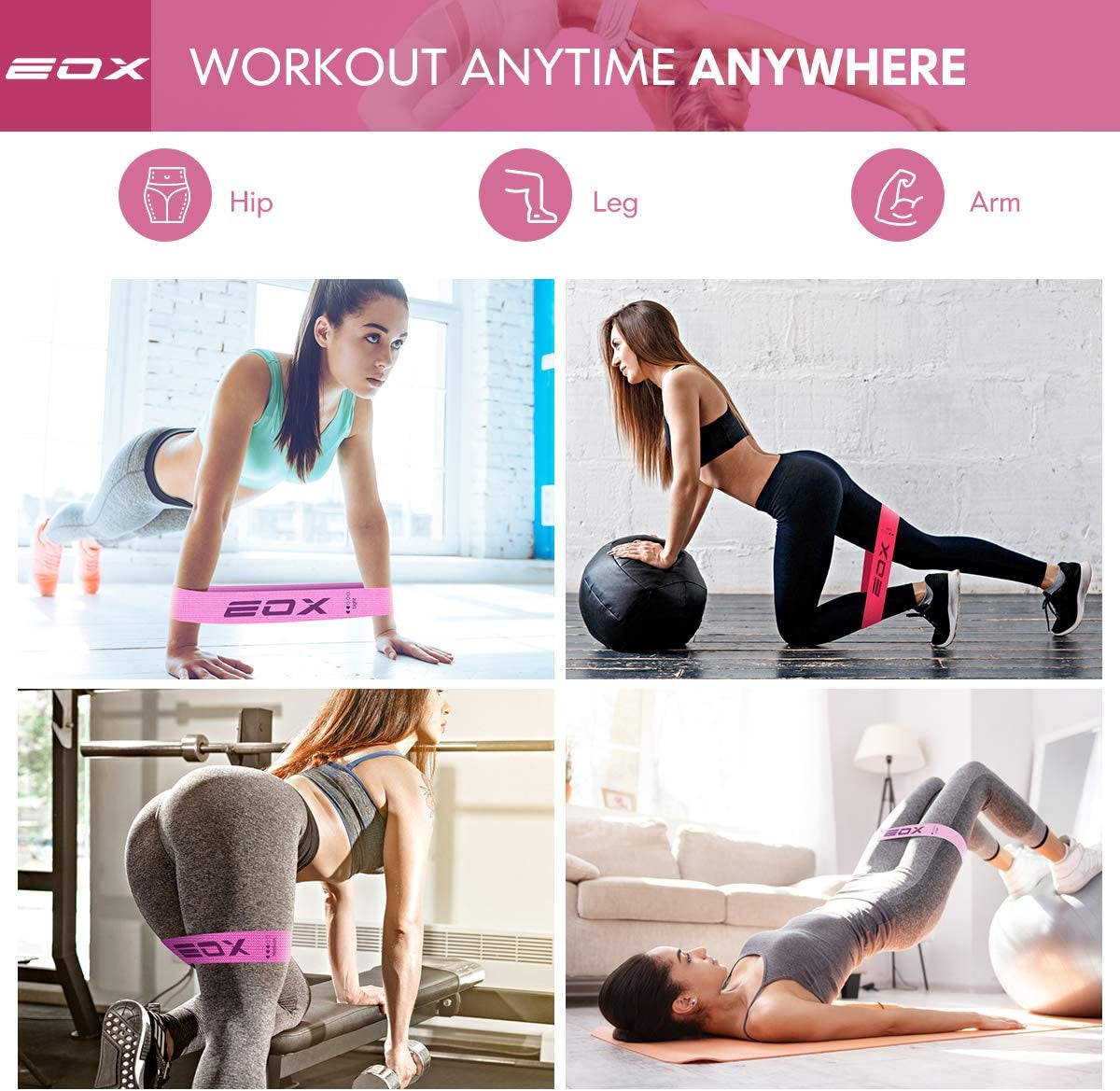 Premium Non-Slip Resistance Loop Bands for Legs & Glutes - 5 Levels of Hip Training (Pink)